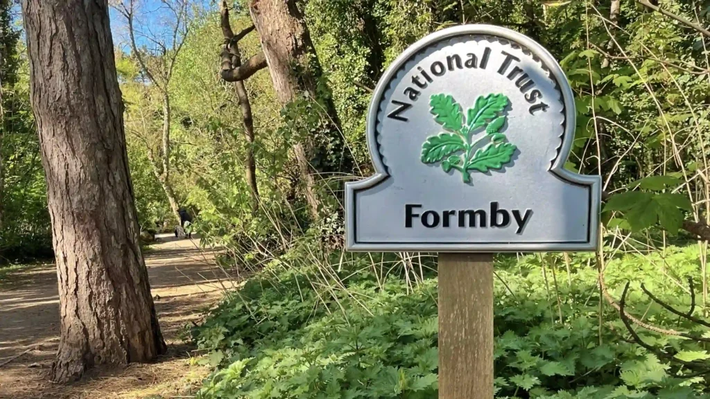 Sunny day in Formby Woods with a National Trust sign marking the entrance.