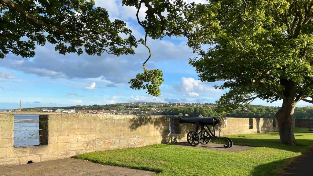 View from Berwick’s town walls with a cannon, tree, and the River Tweed meeting the North Sea