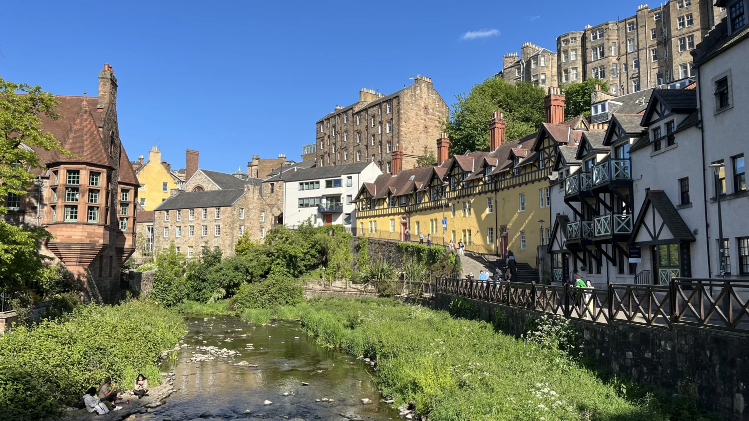 Dean Village and Water of Leith river on a sunny day in Edinburgh