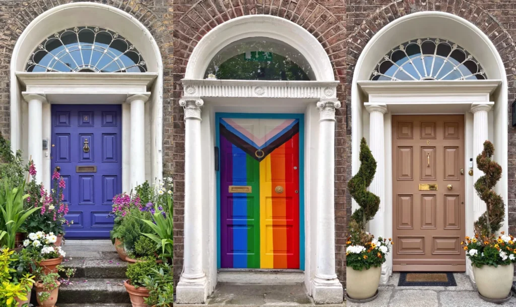 Colourful collage of three Dublin front doors, featuring traditional Georgian style with one door decorated in Pride flag colours