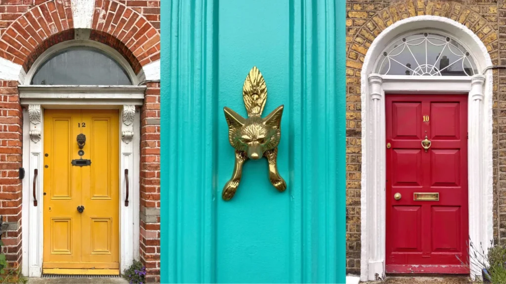 Collage featuring two of Dublin's colourful doors, one red and one yellow, with a close-up image of a brass doorknob on a blue-painted door in the centre.