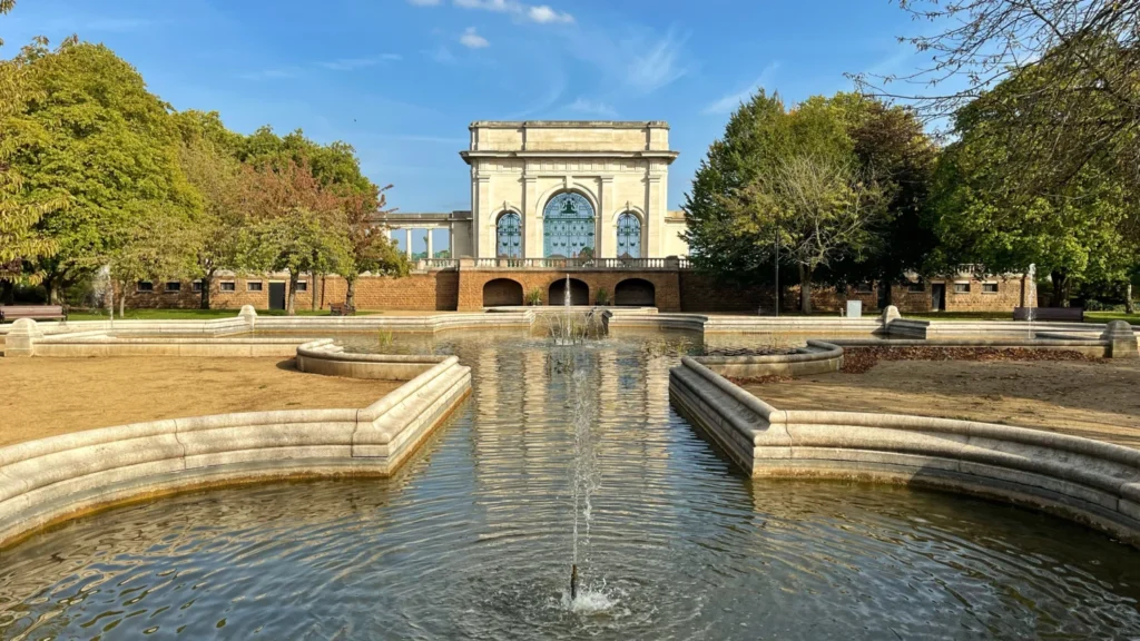Nottingham War Memorial Gardens England on a sunny day with memorial and water basins