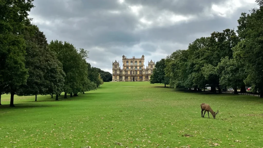 Wollaton Hall in Nottingham England with a deer grazing on the lawn and trees on either side
