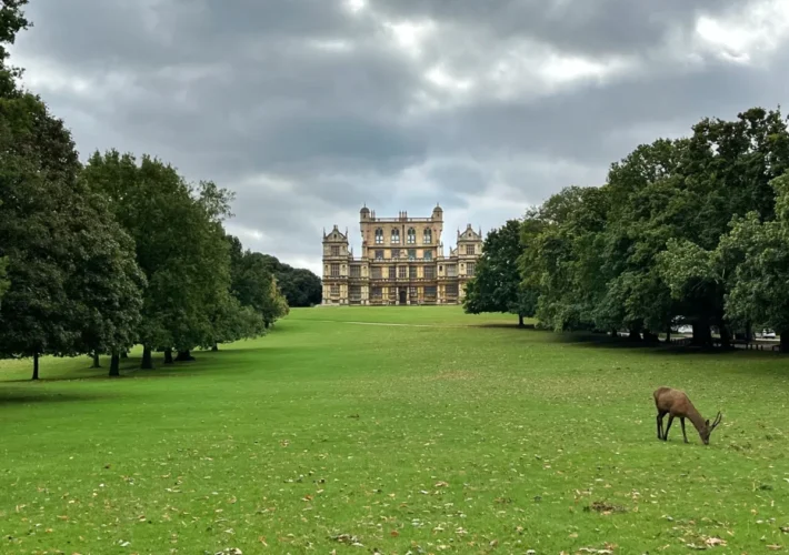 Wollaton Hall in Nottingham England with a deer grazing on the lawn and trees on either side