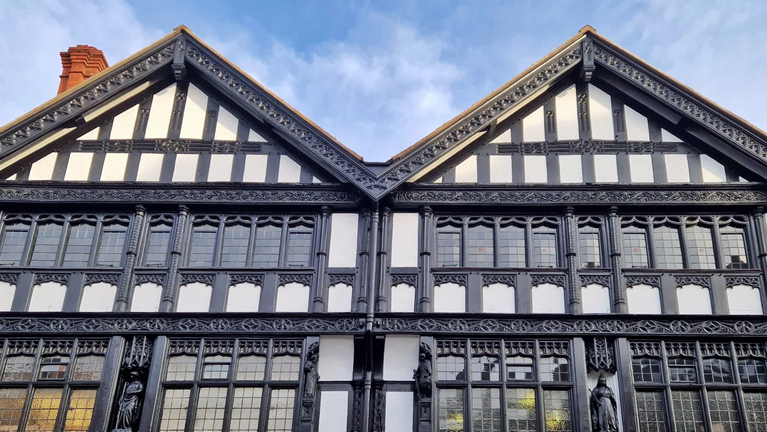 Timber-framed gabled houses in Chester, an hour from Liverpool