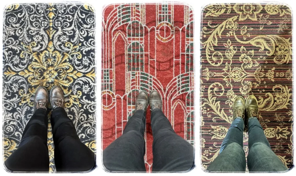 Three different Wetherspoons carpets with unique patterns, photographed from above with feet standing on each carpet.