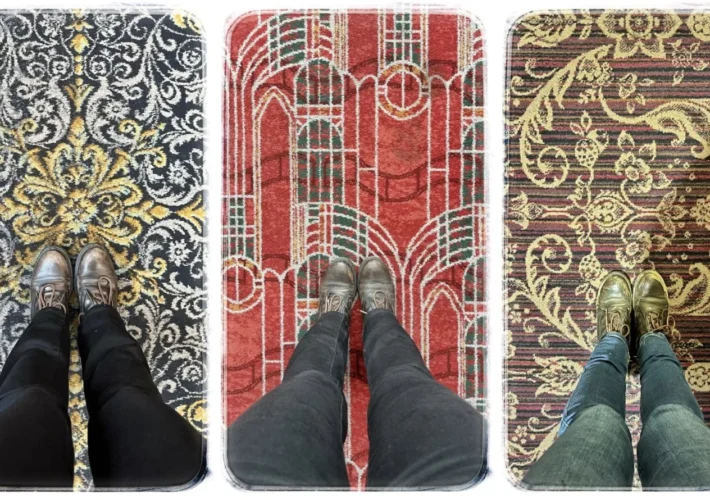 Three different Wetherspoons carpets with unique patterns, photographed from above with feet standing on each carpet.