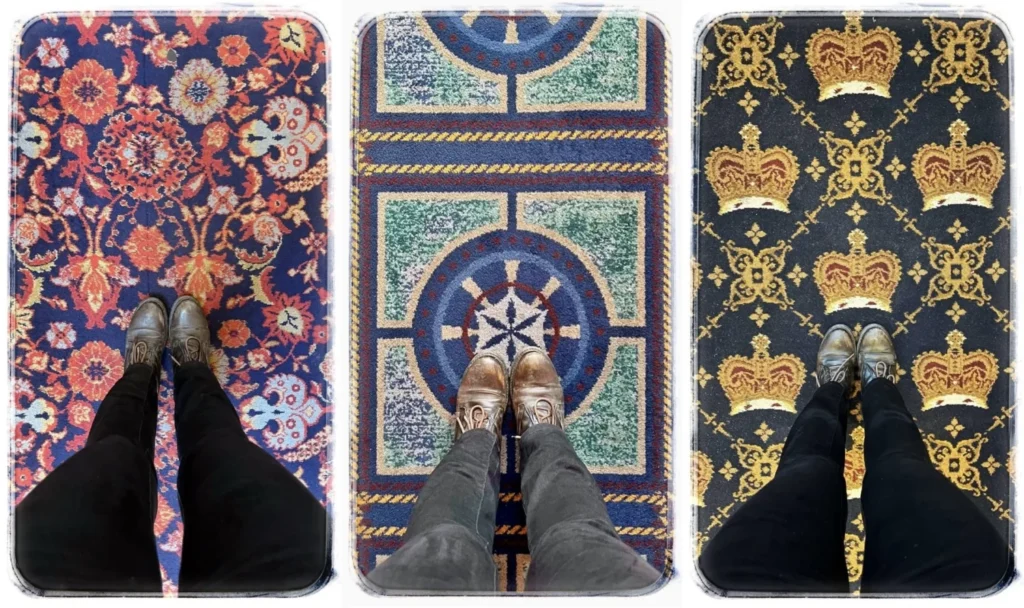 Wetherspoon carpets with detailed floral, nautical and royal crown patterns, showing feet standing on colourful pub carpets inspired by British heritage designs