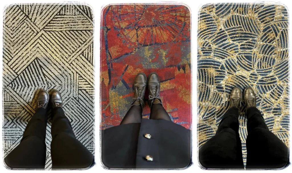 Wetherspoon carpets featuring geometric, abstract and wave-inspired patterns with visitors’ feet standing on colourful British pub flooring designs