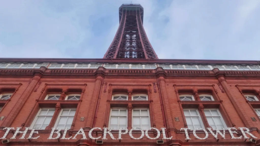 Blackpool Tower viewed from below against a blue sky, Lancashire
