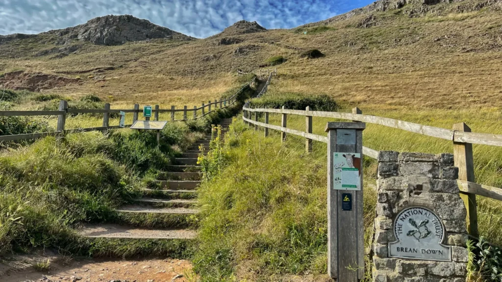 Wooden steps leading up the grassy slope at the start of the Brean Down walk, past the National Trust marker