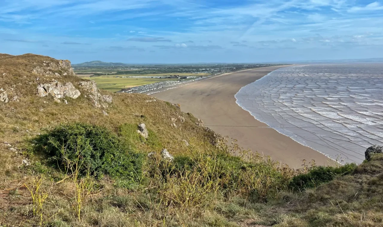View south from Brean Down toward Brean village and the beach below