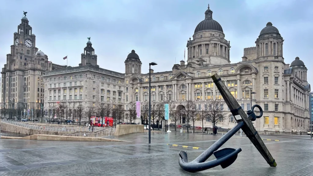 Liverpool Pier Head waterfront with the Royal Liver Building, Cunard Building and Port of Liverpool Building