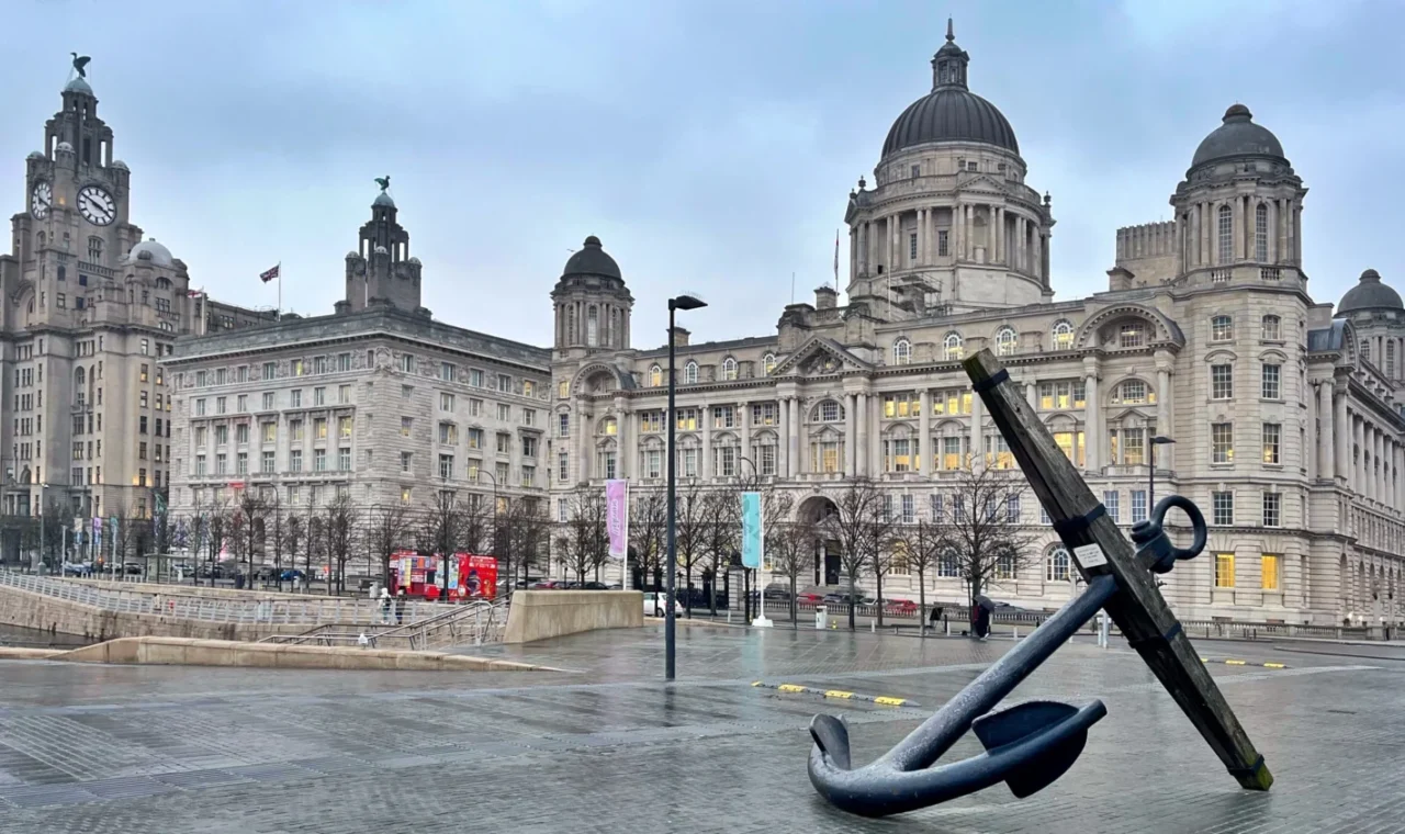 Liverpool Pier Head waterfront with the Royal Liver Building, Cunard Building and Port of Liverpool Building