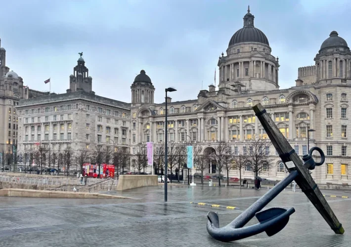 Liverpool Pier Head waterfront with the Royal Liver Building, Cunard Building and Port of Liverpool Building