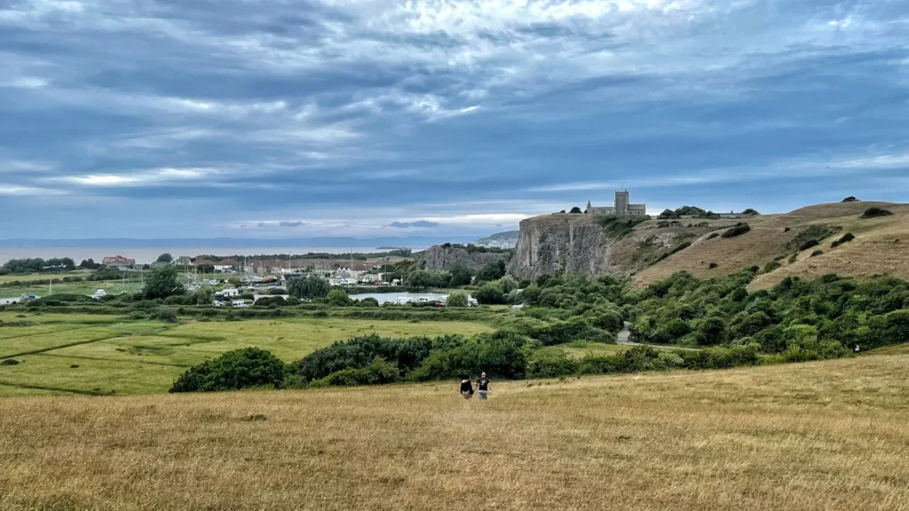 View over Uphill village and harbour towards the hilltop church near Weston-super-Mare