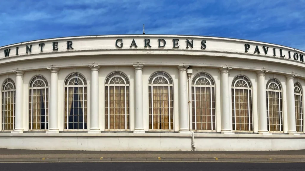 Winter Gardens Pavilion, a curved Victorian building on Weston-super-Mare's promenade