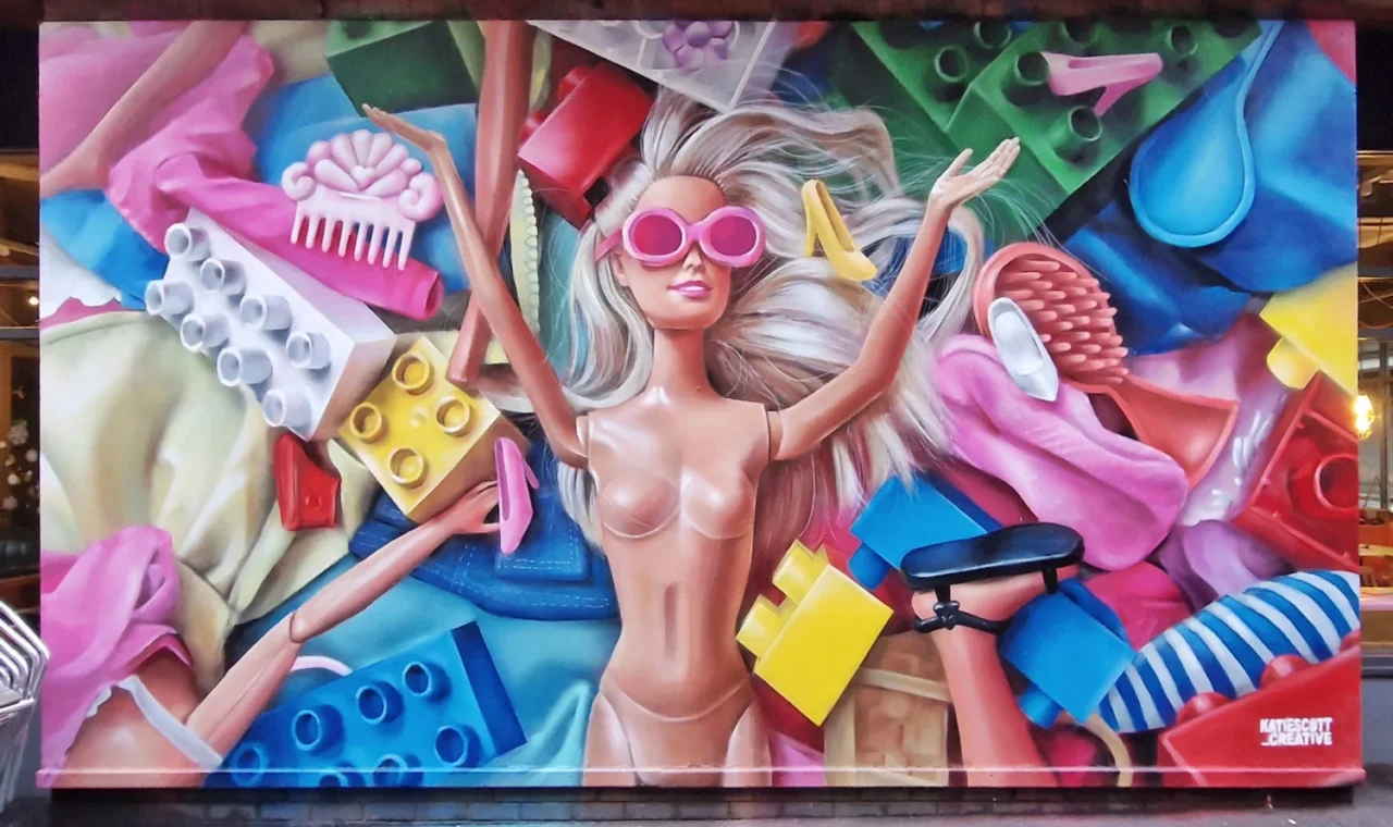 Katie Scott's disassembled Barbie mural, Manchester street art in the Northern Quarter