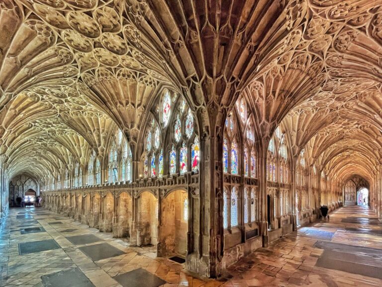 The fan-vaulted cloisters at Gloucester Cathedral
