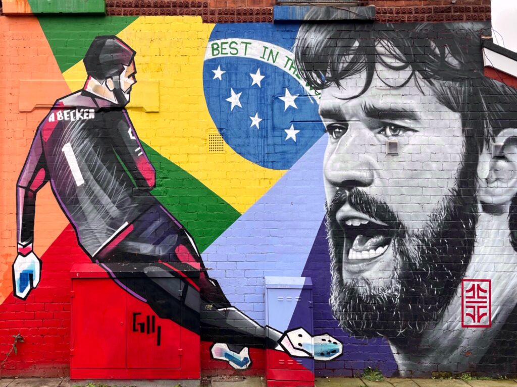 Alisson Becker mural near Anfield, Liverpool FC goalkeeper street art