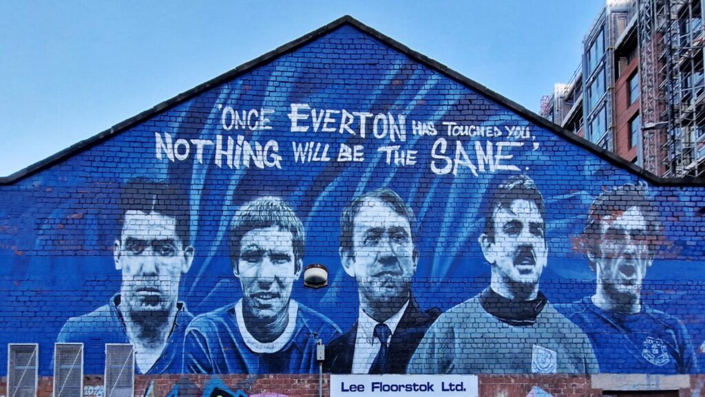 Everton FC Legends mural with black and white player portraits on Newhall Street, Liverpool