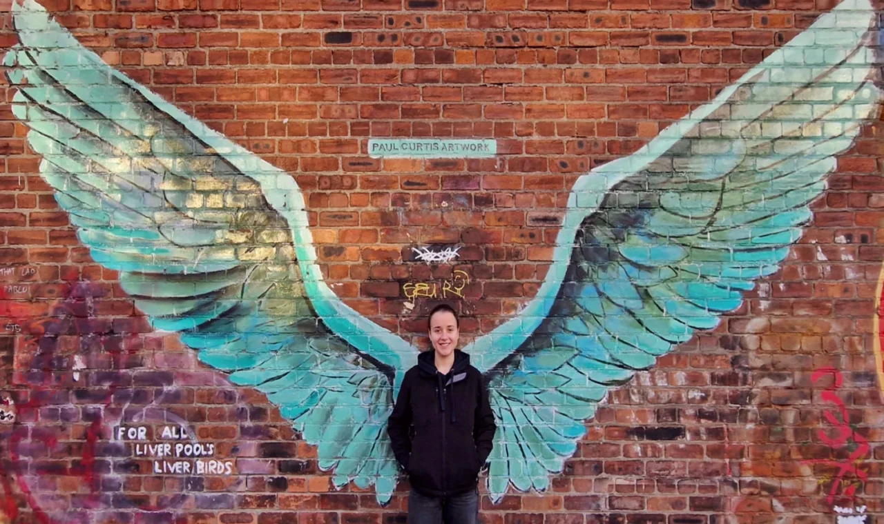 Liverpool street art Liver Bird wings mural by Paul Curtis in the Baltic Triangle