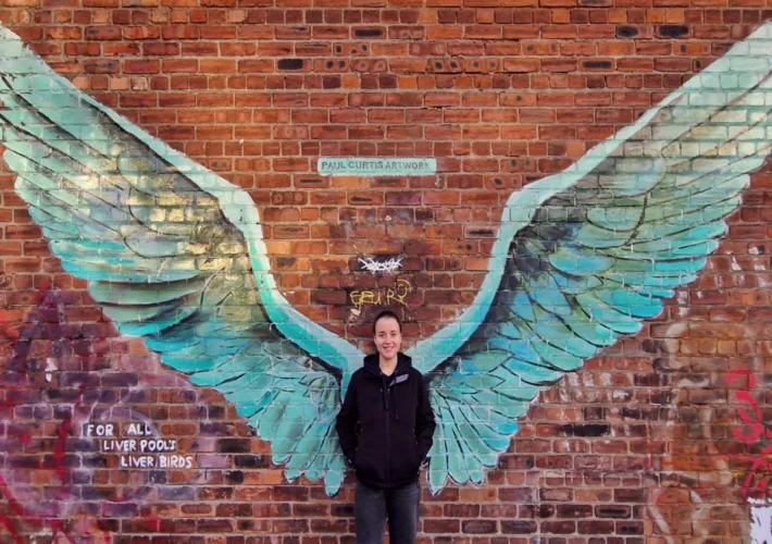 Liverpool street art Liver Bird wings mural by Paul Curtis in the Baltic Triangle